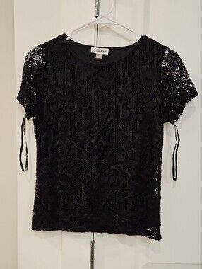NWOT Calvin Klein Black Floral Lace Short Sleeve Blouse